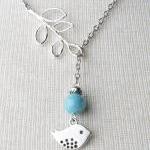 Silver Bird And Branch Lariat Necklace With Blue..