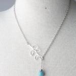 Silver Bird And Branch Lariat Necklace With Blue..