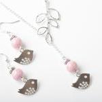 Silver Bird And Branch Lariat Necklace With Pink..