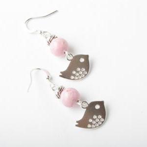 Silver Bird Earrings With Pink Fossil Stone -..