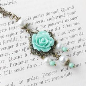 Mint Rose Necklace - Vintage Style Necklace -mint..