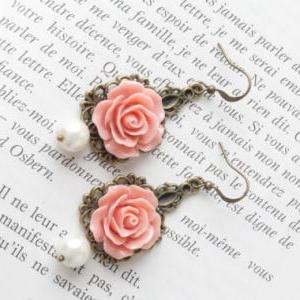 Rose Earrings - Vintage Style Earrings - Salmon..