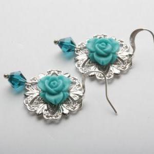 Teal Blue Roses Cabochon And Silver Filigree Base..