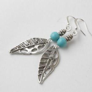 Leaf Earrings -silver And Turquoise Earrings -..