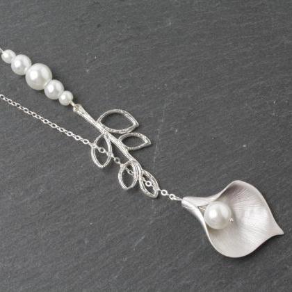 Bridesmaid Necklace - Silver Calla And White Pearl..