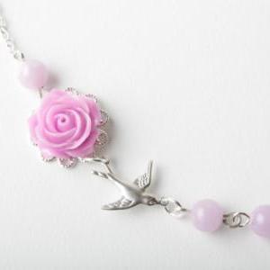 Purple Rose Bird Necklace - Delicate Necklace -..