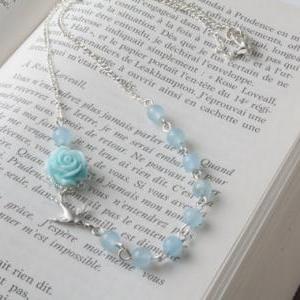 Blue Rose And Bird Necklace - Blue Bird Necklace -..