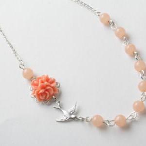 Peach Flower And Bird Necklace - Peach Bird..