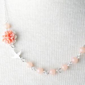 Peach Flower And Bird Necklace - Peach Bird..
