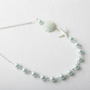 Mint Rose And Bird Necklace - Mint Necklace -..