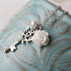 Vintage Key Necklace -bridesmaid Necklace - Pink..