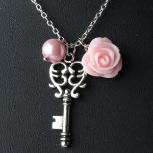 Vintage Key Necklace -bridesmaid Necklace - Pink..