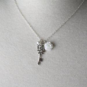 Vintage Key Necklace -bridesmaid Necklace - White..