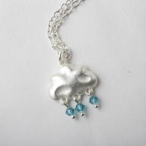 Silver Cloud Necklace - Blue Rain Drops - Rain..