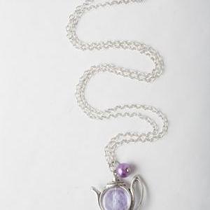 Teapot Necklace - Purple Glass And Pearl - Purple..