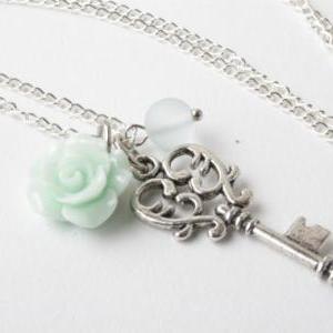 Mint Rose And Key Necklace, Vintage Key Necklace..