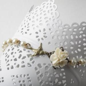 Ivory Pearls And Flower Bird Bracelet, Bridesmaid..