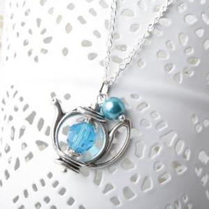 Teapot Necklace - Blue Glass And Pearl - Blue..