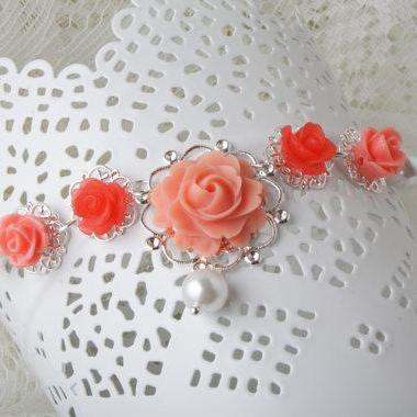 Coral Vintage Style Flower Necklace, Bridesmaid..