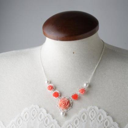 Coral Vintage Style Flower Necklace, Bridesmaid..