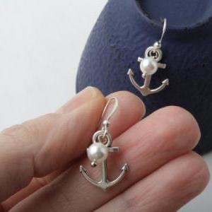 Earrings, Antique Silver Anchor And Pearls..