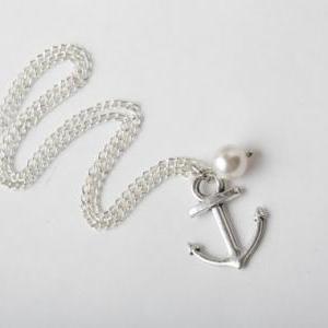 Earrings, Antique Silver Anchor And Pearls..