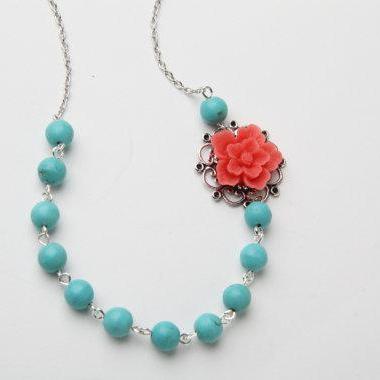 Coral Flower Necklace Statement Necklace..