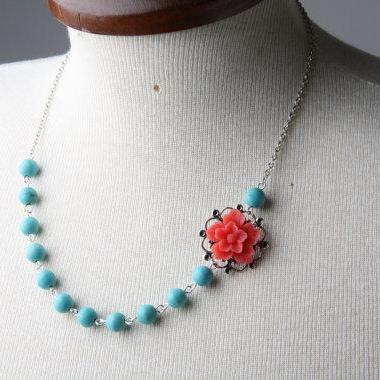 Coral Flower Necklace Statement Necklace..