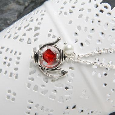 Teapot Necklace - Red Crystal And Pearl - Red..
