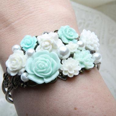 Mint Flower Cuff Bracelet, Bridal Bracelet, Mint..