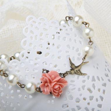 Salmon Flower Bird Bracelet, Bridesmaid Bracelet,..