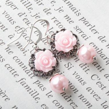 Pink Rose Earrings - Bridesmaid Earrings -..