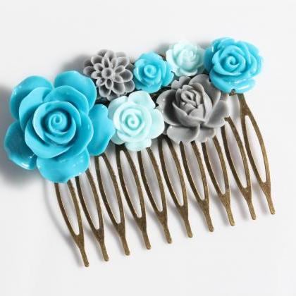 Wedding Hair Comb, Teal, Blue And Grey Flower Hair..