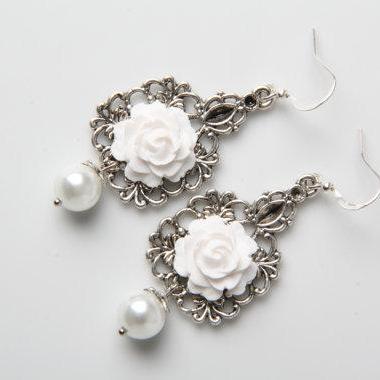 Bridesmaid Earrings, White Earrings, Rose..