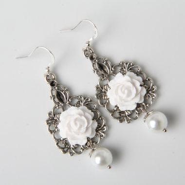 Bridesmaid Earrings, White Earrings, Rose..