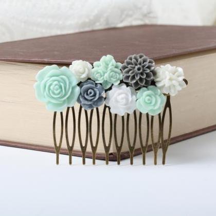 Wedding Hair Comb, Mint And Grey Flower Hair Comb,..