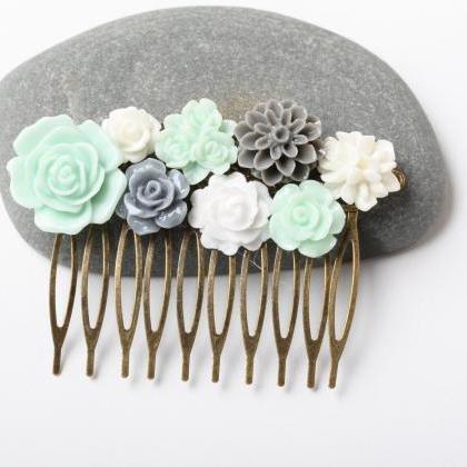 Wedding Hair Comb, Mint And Grey Flower Hair Comb,..