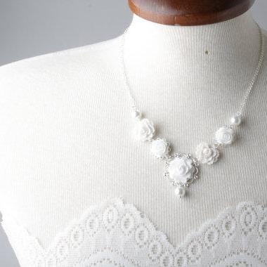 Bridal Flower Wedding Necklace - White Wedding -..