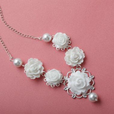 Bridal Flower Wedding Necklace - White Wedding - Vintage Style Flower ...