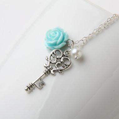 Key Necklace, Blue Rose Necklace, Vintage Style..