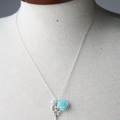 Key Necklace, Blue Rose Necklace, Vintage Style..