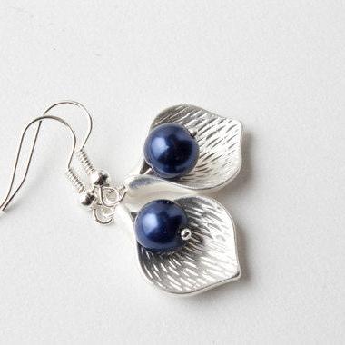 Navy Bridesmaid Earrings, Silver Calla Lily..