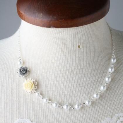 Yellow And Grey Bridesmaid Rose Necklace, Pearl..