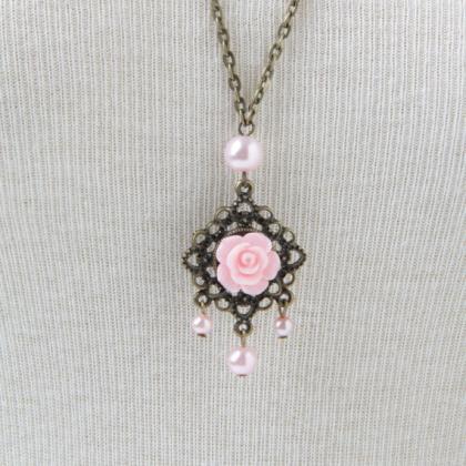 Pink Rose Necklace Vintage Style Necklace, Long..