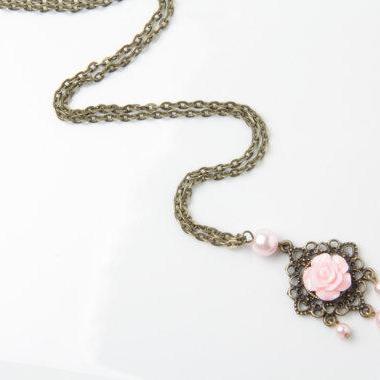 Pink Rose Necklace Vintage Style Necklace, Long..