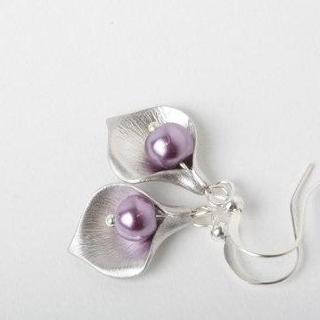 Purple Pearl Earrings, Silver Calla Lily Earrings,..