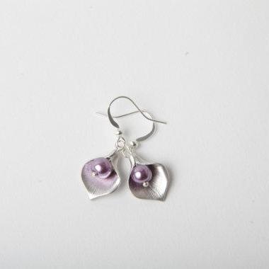 Purple Pearl Earrings, Silver Calla Lily Earrings,..