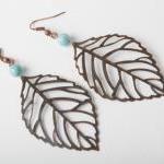 Copper Leaf Earrings - Blue Fossil Stone And..