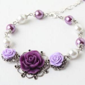 Vintage Style Purple And White Flower Bracelet -..