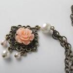 Peach Flower Cabochon And Brass Necklace - Shabby..